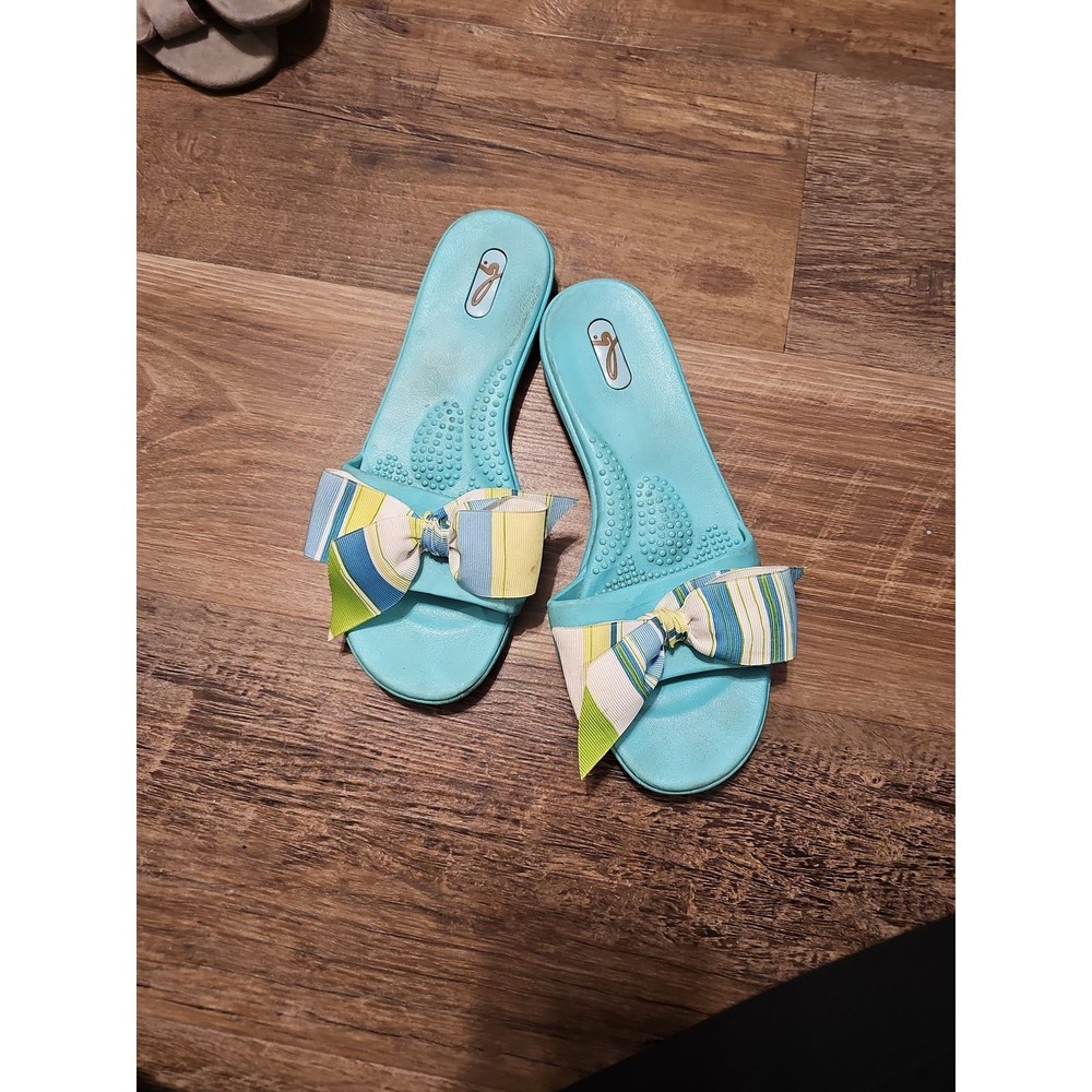 Oka-B Turquoise Stripe Bow Slide Sandals